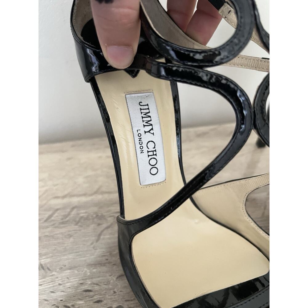 Jimmy Choo Lance Black Patent Leather 115 Sz 40.5 Strappy Sandal Heels - Picture 4 of 10